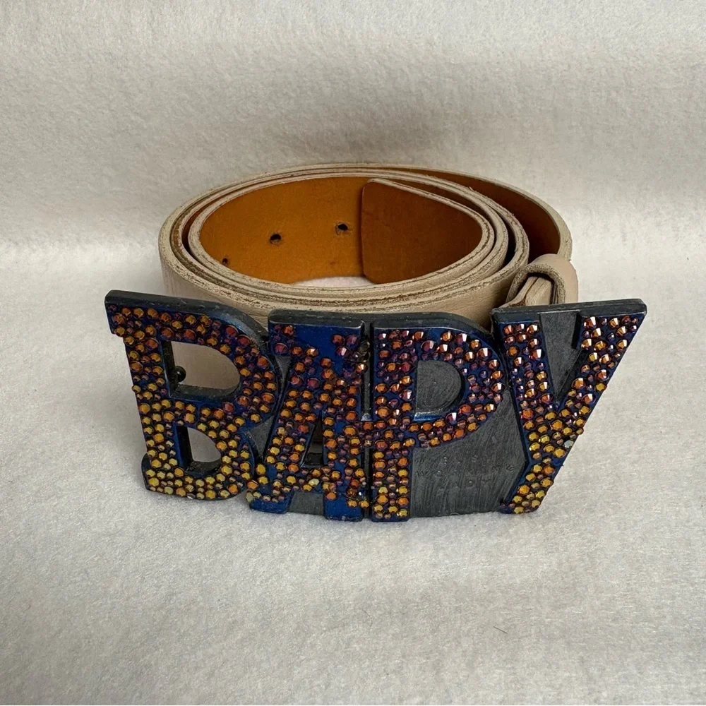 BAPY BELT sz S Bape Japan White Leather DIY Blue Swarovski Crystals